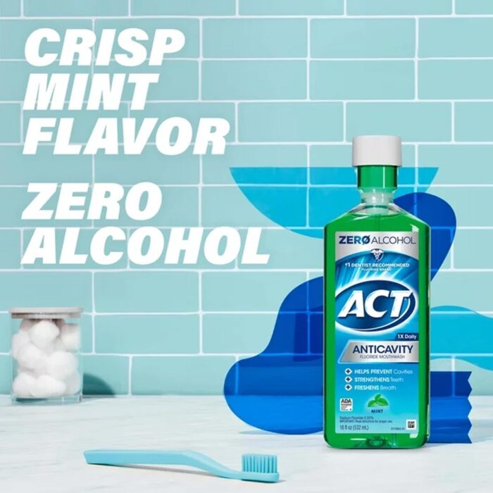 ACT Anticavity Fluoride Mouthwash With Zero Alcohol, Mint, 18 fl. oz - Imagen 2