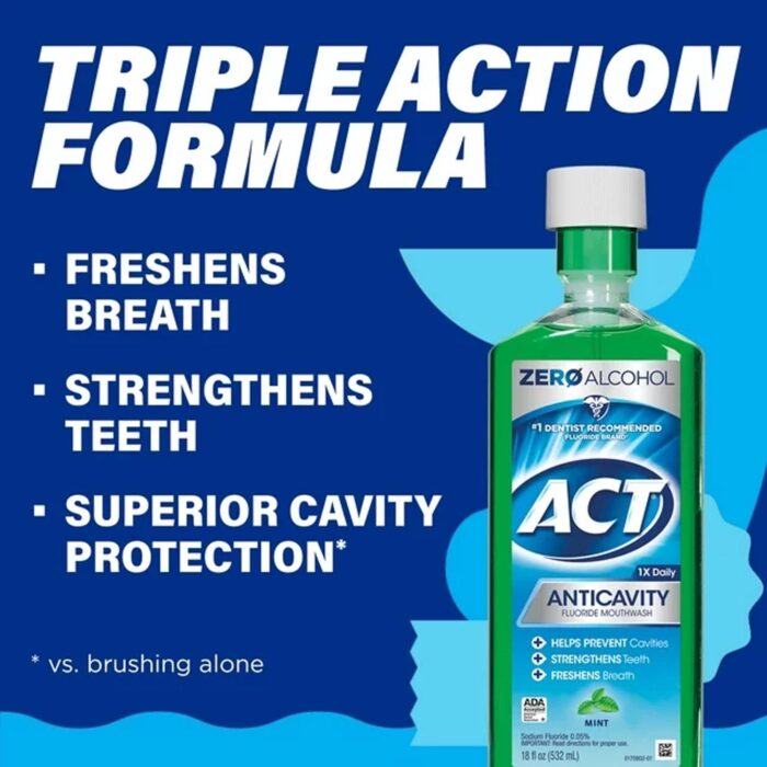 ACT Anticavity Fluoride Mouthwash With Zero Alcohol, Mint, 18 fl. oz - Imagen 3