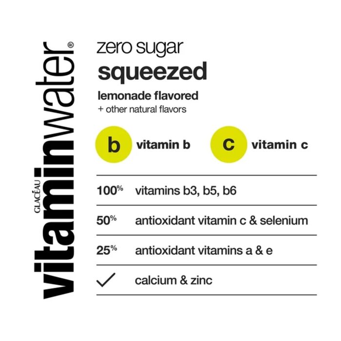 Vitaminwater zero sugar squeezed electrolyte enhanced water, lemonade, 16.9 fl oz, 6 count bottles - Imagen 3